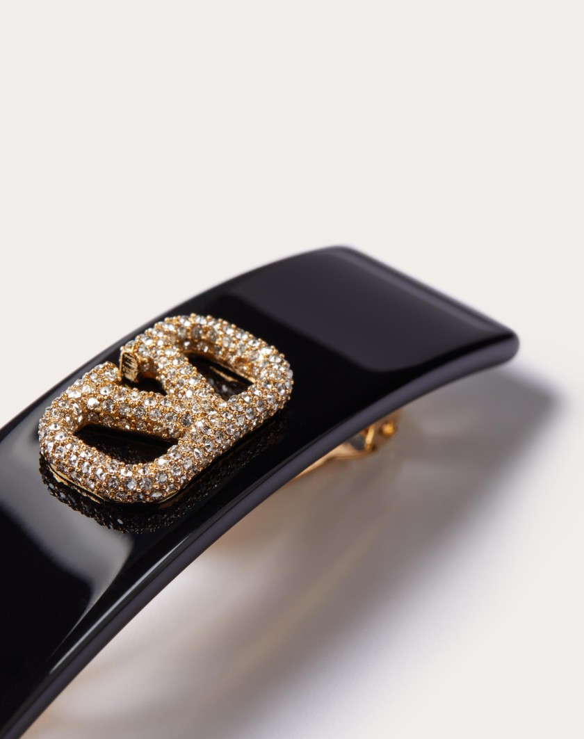 Valentino Handbags Fermaglio Per Capelli Vlogo Signature In Metallo Resina E Cristalli Swarovski® per Donna in Nero/oro/crystal | Valentino IT Vendita Economica