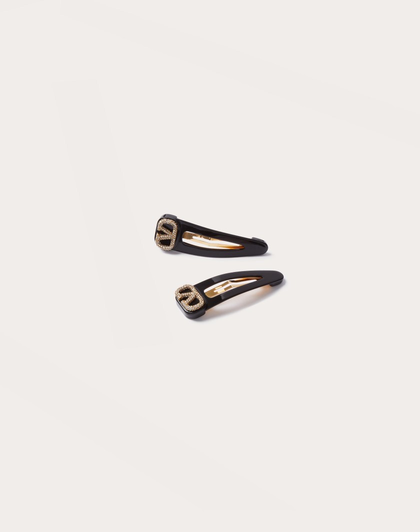 Valentino Handbags Fermagli Per Capelli Vlogo Signature In Metallo Resina E Cristalli Swarovski® per Donna in Nero/oro/crystal | Valentino IT Saldi Di Fabbrica