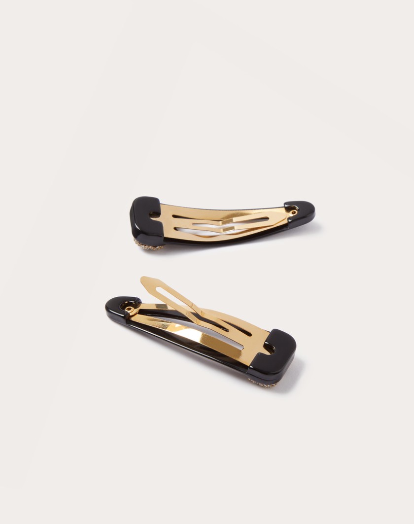 Valentino Handbags Fermagli Per Capelli Vlogo Signature In Metallo Resina E Cristalli Swarovski® per Donna in Nero/oro/crystal | Valentino IT Saldi Di Fabbrica
