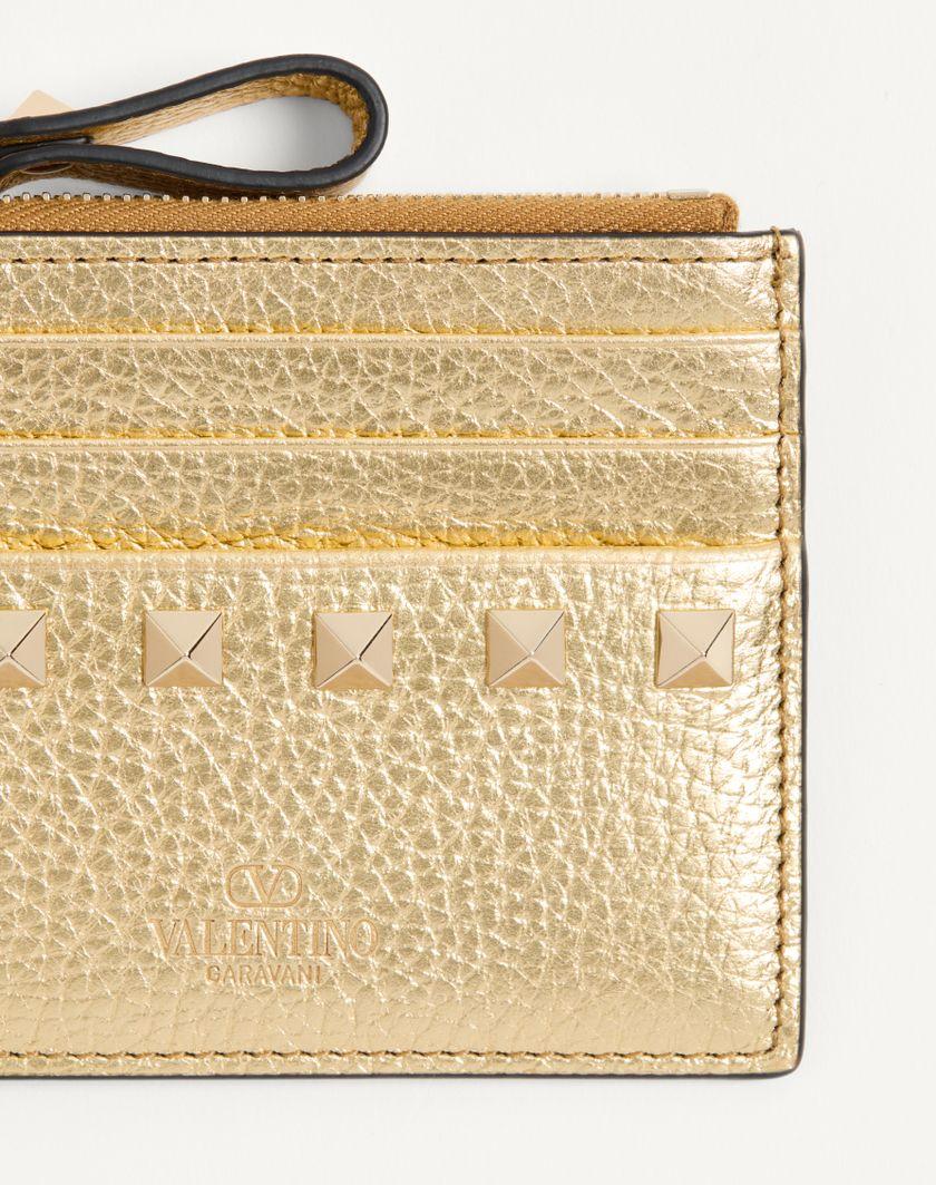 Valentino Handbags Portacarte Con Zip Rockstud In Vitello Granato Laminato per Donna in Antique Brass | Valentino IT Flash Sale